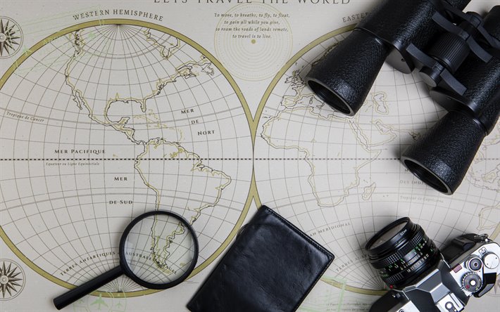 Mapa del mundo, binoculares, los conceptos de viaje, retro mapa del mundo, los continentes, la Tierra mapa