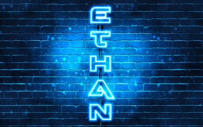 4K, Ethan, vertical text, Ethan name, wallpapers with names, blue neon lights, picture with Ethan name