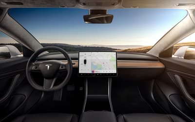 Tesla Model 3, 2019, inside view, interior, front panel, electric car, american electric cars, Tesla