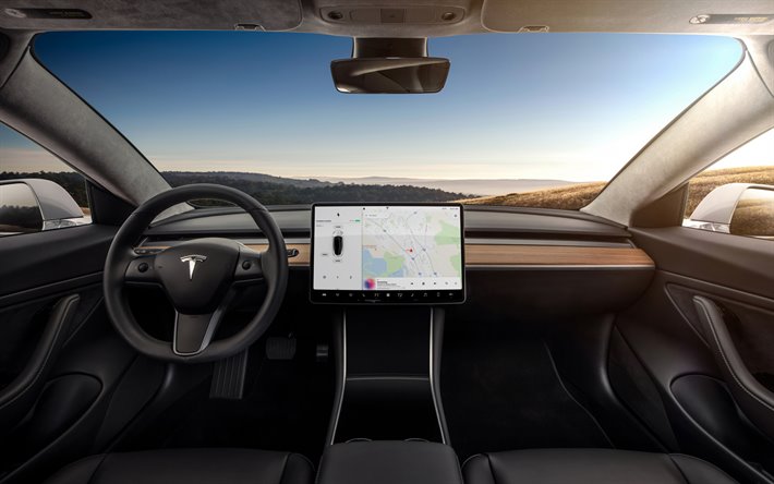 Tesla Model 3, 2019, dentro de la vista, el interior, el panel frontal, coche el&#233;ctrico, estadounidense de coches el&#233;ctricos, Tesla