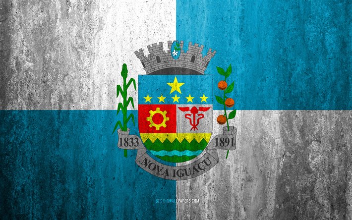 Drapeau de Nova Iguacu, 4k, pierre fond, ville Br&#233;silienne, grunge drapeau, Nova Igua&#231;u, au Br&#233;sil, &#224; Nova Iguacu drapeau grunge de l&#39;art, de la texture de pierre, les drapeaux des villes br&#233;siliennes