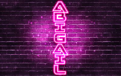 4K, Abigail, el texto vertical, Abigail nombre, fondos de pantalla con los nombres, los nombres femeninos, p&#250;rpura luces de ne&#243;n, la imagen con el nombre Abigail
