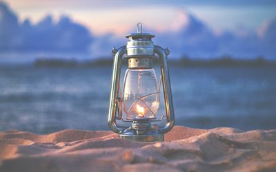old iron lantern, evening, sunset, sand, gas lamp, mood concepts