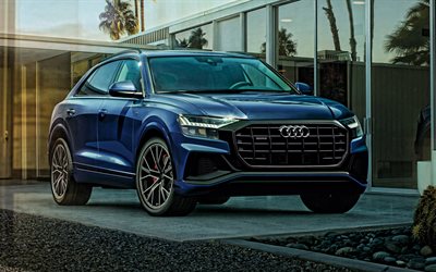 Audi Q8, 2020, El SUV de Lujo, 4K, vista de frente, exterior, azul nuevo Q8, los coches alemanes, el Audi