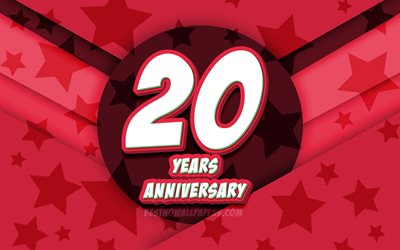 4k, 20th anniversary, comic 3D letters, red stars background, 20th anniversary sign, 20 Years Anniversary, artwork, Anniversary concept
