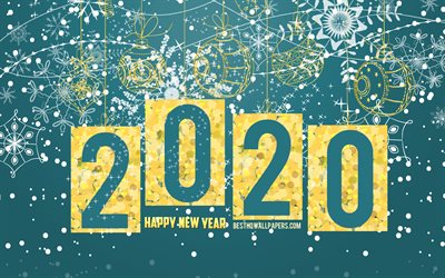 2020 New Year, 2020 Turquoise Christmas background, Happy New Year 2020, 2020 concepts, Turquoise 2020 background, golden christmas balls