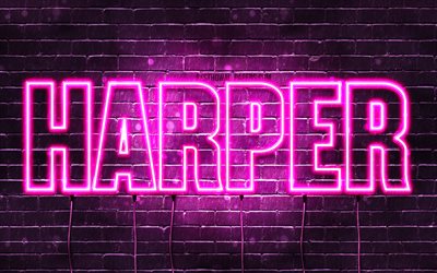 Harper, 4k, taustakuvia nimet, naisten nimi&#228;, Harper nimi, violetti neon valot, vaakasuuntainen teksti, kuva Harper nimi