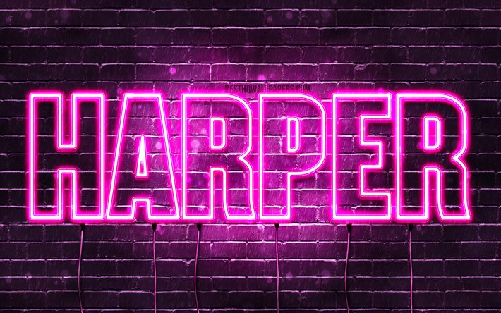 Harper, 4k, sfondi per il desktop con i nomi, nomi di donna, Harper nome, viola neon, orizzontale del testo, dell&#39;immagine con nome Harper