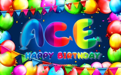عيد ميلاد سعيد Ace, 4k, الملونة بالون الإطار, ايس اسم, خلفية زرقاء, الآس عيد ميلاد سعيد, الآس عيد ميلاد, شعبية الأمريكية أسماء الذكور, عيد ميلاد مفهوم, Ace