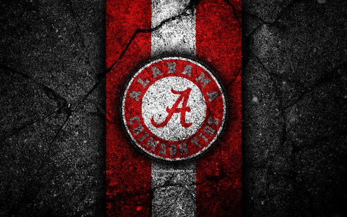 Alabama Crimson Tide, 4k, amerikansk fotboll, NCAA, r&#246;d vit sten, USA, asfalt konsistens, Alabama Crimson Tide logotyp