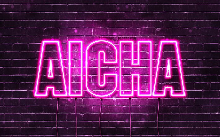 Aicha, 4k, fonds d’&#233;cran avec des noms, noms f&#233;minins, nom Aicha, n&#233;ons violets, Joyeux anniversaire Aicha, populaire fran&#231;ais noms f&#233;minins, photo avec le nom Aicha