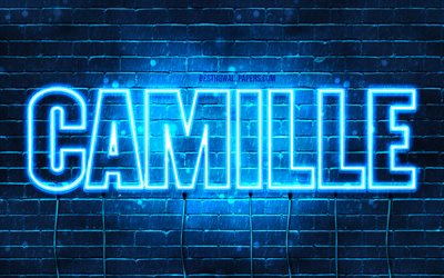 Camille, 4k, fonds d’écran avec des noms, nom camille, néons bleus, Joyeux anniversaire Camille, populaire français noms masculins, photo avec le nom de Camille