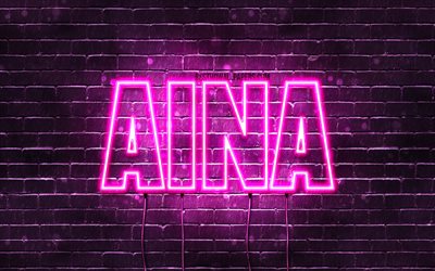Aina, 4k, wallpapers with names, female names, Aina name, purple neon lights, Happy Birthday Aina, popular spanish female names, picture with Aina name