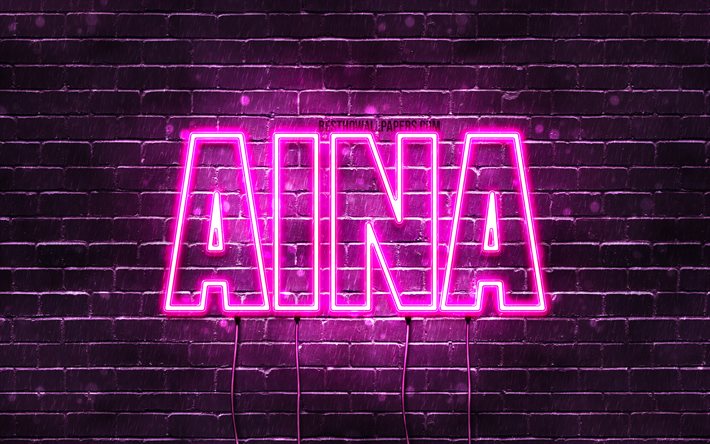 Aina, 4k, pap&#233;is de parede com nomes, nomes femininos, nome Aina, luzes de n&#233;on roxas, Feliz Anivers&#225;rio Aina, nomes femininos espanh&#243;is populares, imagem com o nome Aina