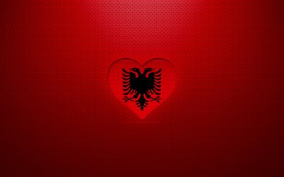 Rakastan Albaniaa, 4k, Eurooppa, punainen pisteviiva tausta, Albanian lipun syd&#228;n, Albania, suosikki maat, Albanian lippu