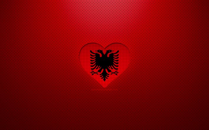 ich liebe albanien, 4k, europa, rot gepunkteter hintergrund, herz der albanischen flagge, albanien, lieblingsl&#228;nder, liebe albanien, albanische flagge