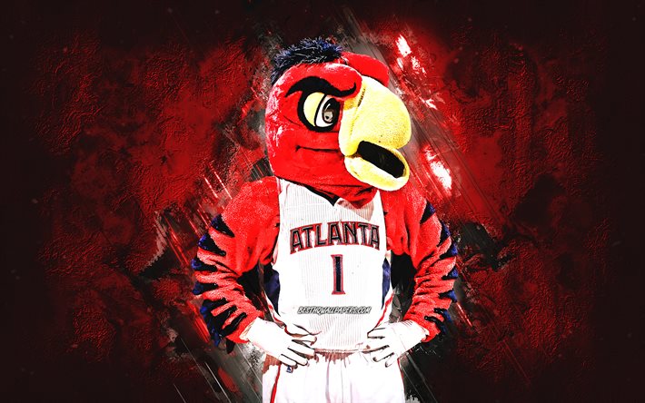 Harry the Hawk, mascote do Atlanta Hawks, NBA, fundo de pedra vermelha, arte criativa, basquete, Atlanta Hawks