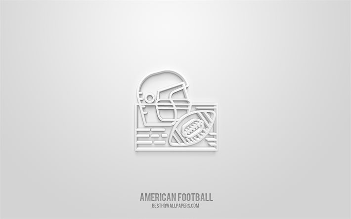 Icona di football americano 3d, sfondo bianco, simboli 3d, football americano, arte 3d creativa, icone 3d, segno di football americano, icone di sport 3d
