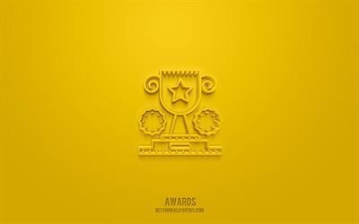 Awards 3d icon, yellow background, 3d symbols, Awards, creative 3d art, 3d icons, Awards sign, Business 3d icons