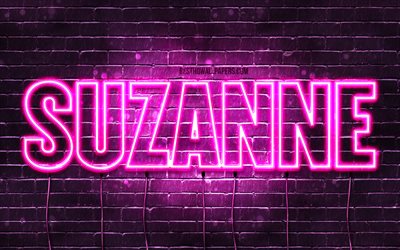 Suzanne, 4k, bakgrundsbilder med namn, kvinnliga namn, Suzanne namn, lila neonljus, Grattis p&#229; f&#246;delsedagen Suzanne, popul&#228;ra franska kvinnliga namn, bild med Suzanne namn