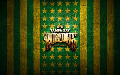 Tampa Bay Rowdies flag, USL, green yellow metal background, american soccer club, Tampa Bay Rowdies logo, USA, soccer, Tampa Bay Rowdies FC, golden logo