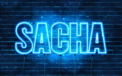 Sacha, 4k, fonds d&#39;&#233;cran avec des noms, nom de Sacha, n&#233;ons bleus, joyeux anniversaire Sacha, noms masculins fran&#231;ais populaires, photo avec le nom de Sacha