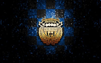 Kawasaki Frontale FC, glitter logo, J1 League, blue black checkered background, soccer, japanese football club, Kawasaki Frontale logo, mosaic art, football, Kawasaki Frontale
