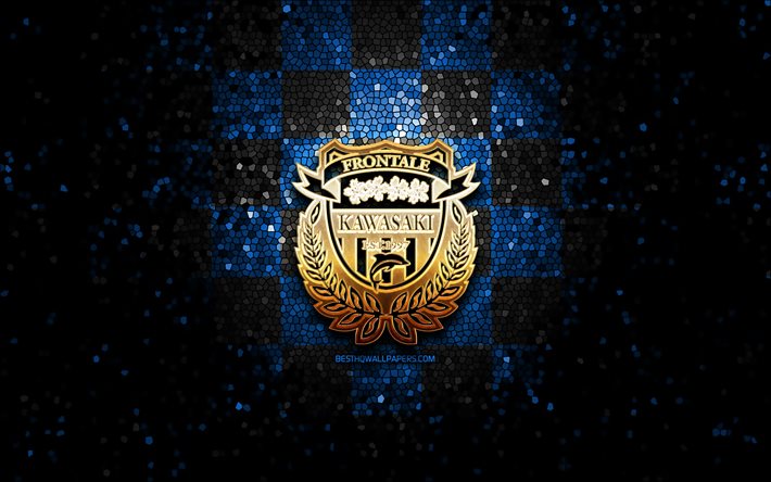 Kawasaki Frontale FC, logotipo brilhante, J1 League, fundo xadrez preto azulado, futebol, clube de futebol japon&#234;s, logotipo Kawasaki Frontale, arte em mosaico, Kawasaki Frontale