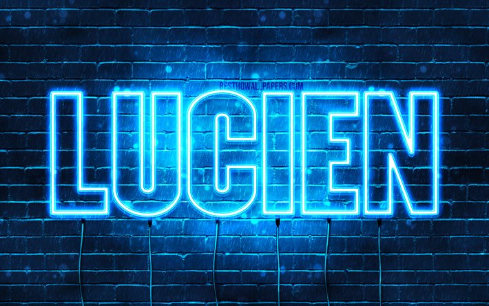 Lucien, 4k, pap&#233;is de parede com nomes, nome de Lucien, luzes de n&#233;on azuis, feliz anivers&#225;rio Lucien, nomes masculinos franceses populares, foto com o nome de Lucien