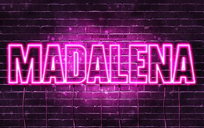 Madalena, 4k, pap&#233;is de parede com nomes, nomes femininos, nome Madalena, luzes neon roxas, Feliz Anivers&#225;rio Madalena, nomes femininos populares portugueses, imagem com o nome Madalena