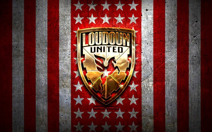 علم لودون المتحدة, USL, خلفية معدنية بيضاء حمراء, نادي كرة القدم الأمريكي, شعار لودون يونايتد, الولايات المتحدة الأمريكية, كرة قدم, لودون يونايتد, الشعار الذهبي