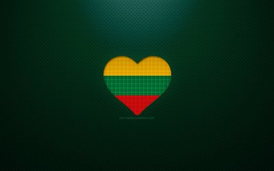 リトアニアが大好き, 4k, ヨーロッパ, 緑の点線の背景, リトアニアの国旗のハート, リトアニア, 好きな国, リトアニアの旗
