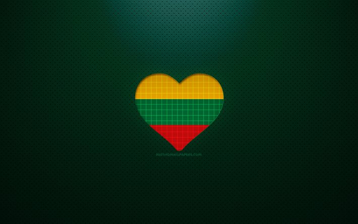 Rakastan Liettuaa, 4k, Eurooppa, vihre&#228; pisteviiva tausta, Liettuan lipun syd&#228;n, Liettua, suosikki maat, Liettuan lippu