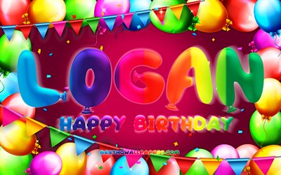 Feliz cumplea&#241;os Logan, 4k, marco de globos de colores, nombre Logan, fondo p&#250;rpura, cumplea&#241;os Logan, nombres femeninos estadounidenses populares, concepto de cumplea&#241;os, Logan