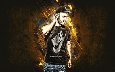 Baba Saad, German rapper, Saad El-Haddad, portrait, yellow stone background, creative art