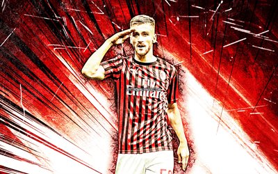 4K, Alexis Saelemaekers, grunge art, AC Milan, Belgian footballers, soccer, Serie A, Alexis Jesse Saelemaekers, Rossoneri, football, red abstract rays, Milan FC, Italy, Alexis Saelemaekers Milan