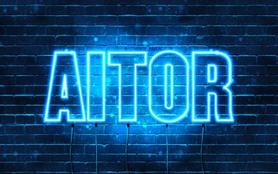 Aitor, 4k, pap&#233;is de parede com nomes, nome Aitor, luzes de n&#233;on azuis, Feliz Anivers&#225;rio Aitor, nomes masculinos espanh&#243;is populares, foto com o nome Aitor