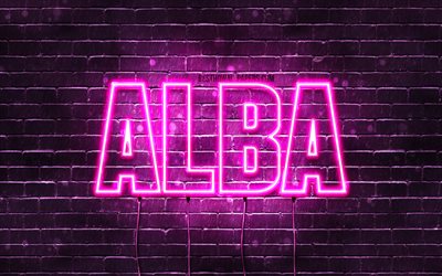 Alba, 4k, fonds d&#39;&#233;cran avec noms, noms f&#233;minins, nom Alba, n&#233;ons violets, joyeux anniversaire Alba, noms f&#233;minins espagnols populaires, photo avec le nom Alba