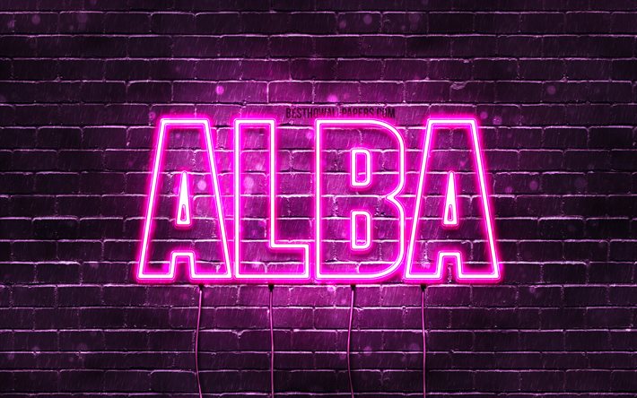 alba, 4k, hintergrundbilder mit namen, weibliche namen, alba-name, lila neonlichter, happy birthday alba, beliebte spanische weibliche namen, bild mit alba-namen