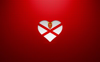 J&#39;aime Jersey, 4k, Europe, fond pointill&#233; rouge, coeur de drapeau de Jersey, Jersey, pays pr&#233;f&#233;r&#233;s, Jersey d&#39;amour, drapeau de Jersey
