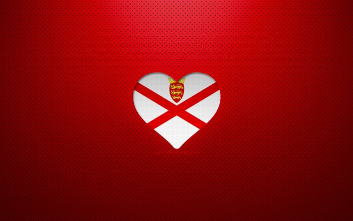 I Love Jersey, 4k, Europe, red dotted background, Jersey flag heart, Jersey, favorite countries, Love Jersey, Jersey flag