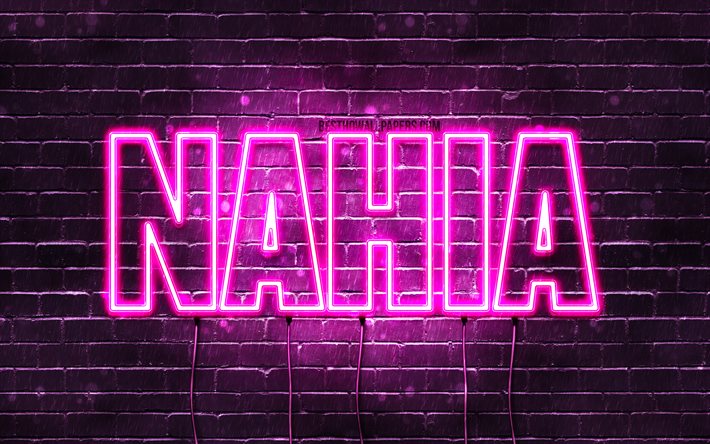 Nahia, 4k, pap&#233;is de parede com nomes, nomes femininos, nome Nahia, luzes de n&#233;on roxas, Feliz Anivers&#225;rio Nahia, nomes femininos espanh&#243;is populares, foto com o nome Nahia