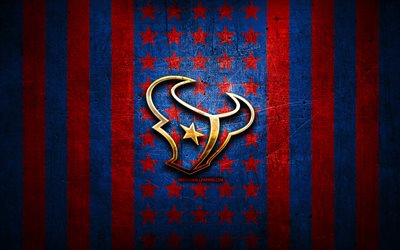 Houston Texans flag, NFL, blue red metal background, american football team, Houston Texans logo, USA, american football, golden logo, Houston Texans