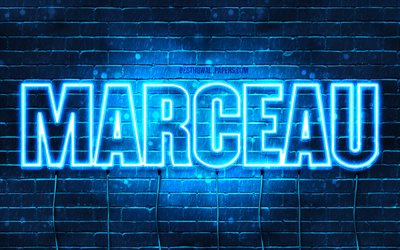 Marceau, 4k, pap&#233;is de parede com nomes, nome Marceau, luzes de n&#233;on azuis, Feliz Anivers&#225;rio Marceau, nomes masculinos franceses populares, foto com o nome Marceau