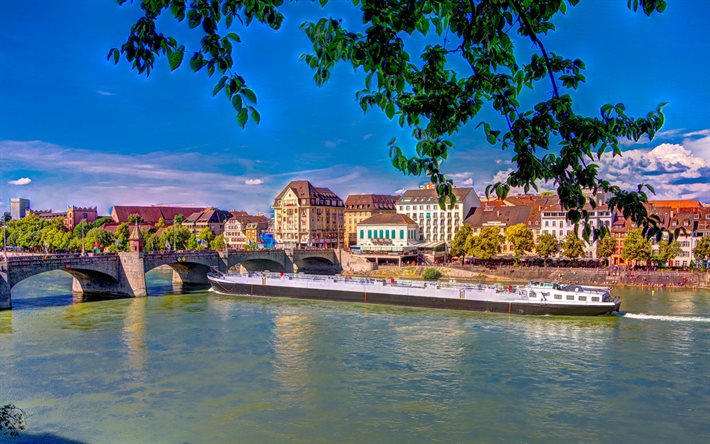 Basilea, tarde, r&#237;o, puente de piedra, ciudades suizas, paisaje urbano de Basilea, Suiza