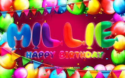 Happy Birthday Millie, 4k, colorful balloon frame, Millie name, purple background, Millie Happy Birthday, Millie Birthday, popular american female names, Birthday concept, Millie