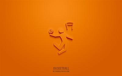 Basketball 3d icon, orange background, 3d symbols, Basketball, creative 3d art, 3d icons, Basketball sign, Sports 3d icons