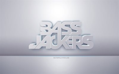 Bassjackers 3d beyaz logo, gri arka plan, Bassjackers logosu, yaratıcı 3d sanat, Bassjackers, 3d amblem