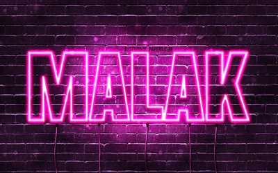 Malak, 4k, fonds d&#39;&#233;cran avec noms, noms f&#233;minins, nom Malak, n&#233;ons violets, joyeux anniversaire Malak, noms f&#233;minins espagnols populaires, photo avec nom Malak