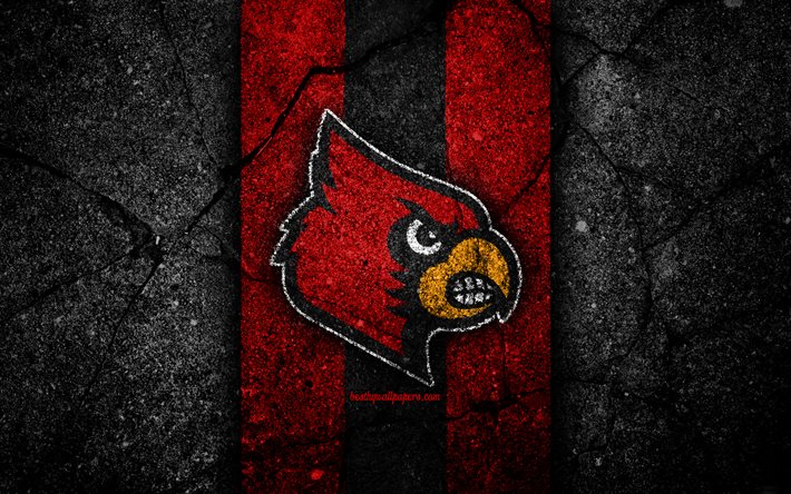 Louisville Cardinals, 4k, amerikan futbol takımı, NCAA, kırmızı siyah taş, ABD, asfalt dokusu, amerikan futbolu, Louisville Cardinals logosu
